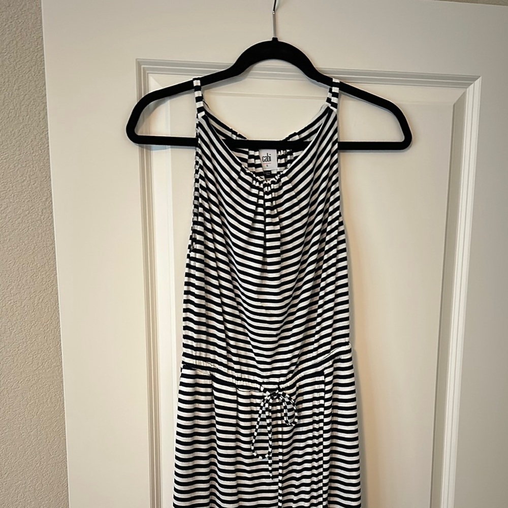 EUC CAbi Sz S Navy and White Striped Maxi Dress